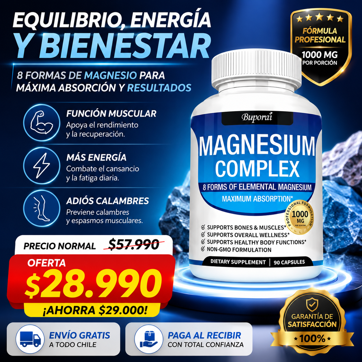 MagneForce™ – Complejo de 8 Magnesios para Energía, Relajación y Máximo Rendimiento Diario 1000mg